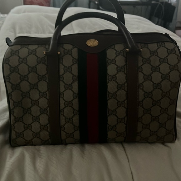 Gucci Boston Brown color Green & Red Web GG monogram Bag - Picture 1 of 9